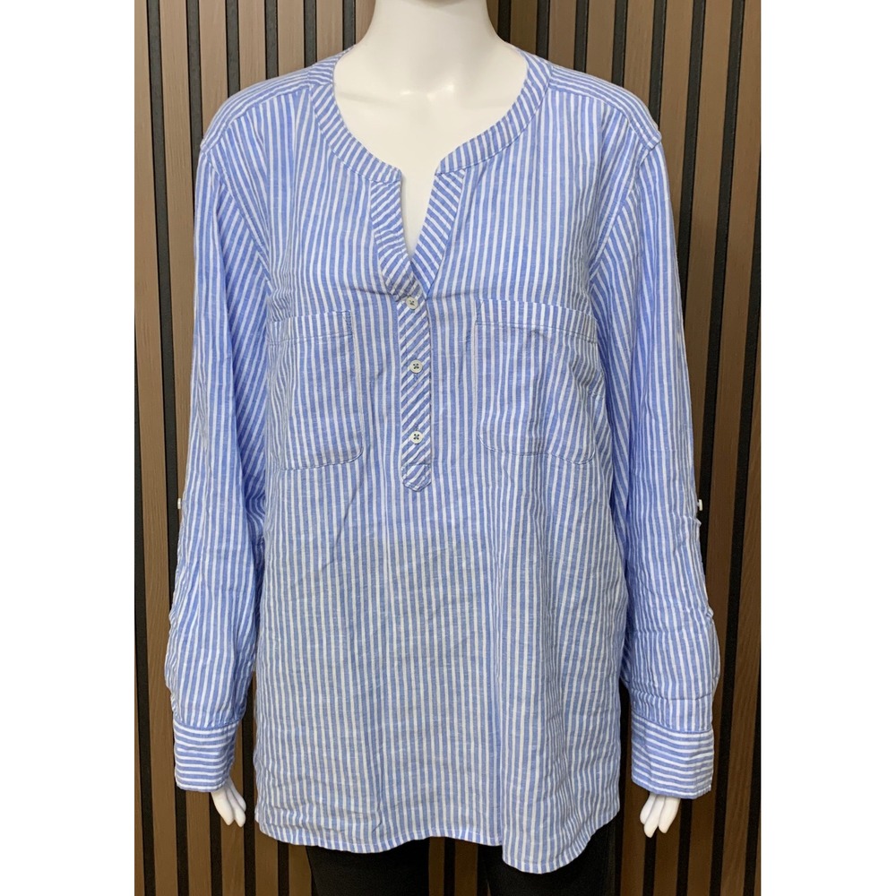 Talbots Women's Plus Blue White Striped Linen Blend Button V-Neck Tunic Top 2X